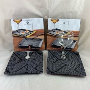 Hotel Collection Black and White Appetizer Plates with Wine Holder 4 Plates NWT